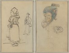 A Breton Woman and a Standing Man; Head and Hand of a Monkey [recto], 1884-1888. Creator: Paul Gauguin
