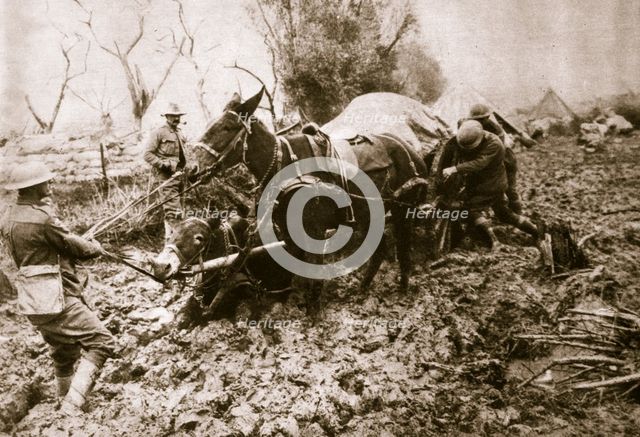 A British ammunition column finds it hard going, World War I, c1914-c1918. Artist: Unknown
