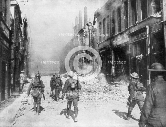A British army patrol, Cambrai, France, First World War, 9 October 1918. Artist: Unknown