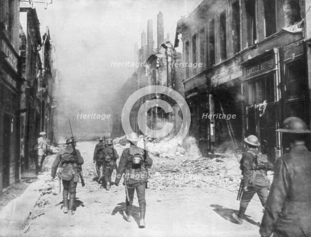 A British army patrol, Cambrai, France, First World War, 9 October 1918. Artist: Unknown