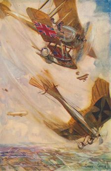 A British Biplane Bringing Down a German Taube c1916 (1928). Artist: Cyrus Cuneo