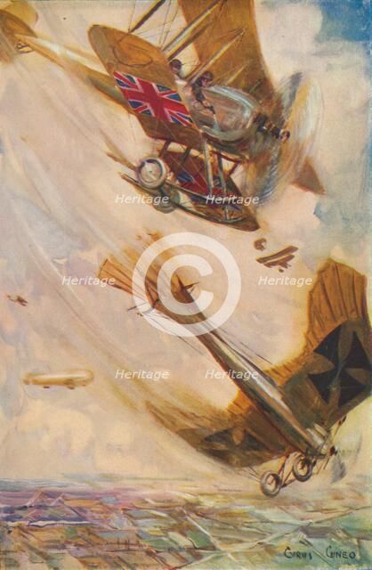 'A British Biplane Bringing Down a German Taube', c1916 (1928). Artist: Cyrus Cuneo.