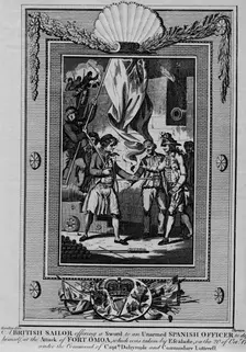 A British Sailor offering a Sword to an unarmed Spanish Officer to defend himself, at the Attack of Artist: William Thornton