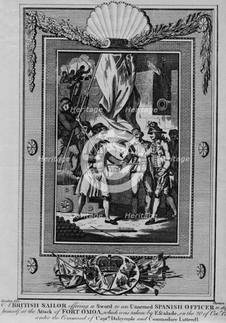 'A British Sailor offering a Sword to an unarmed Spanish Officer to defend himself, at the Attack of Artist: William Thornton.