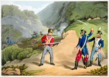 A British soldier Taking Two French Officers at the Battle of the Pyrenees 1813 (1816). Creator: Matthew Dubourg