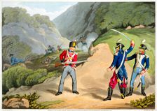A British soldier Taking Two French Officers at the Battle of the Pyrenees 1813 (1816). Creator: Matthew Dubourg