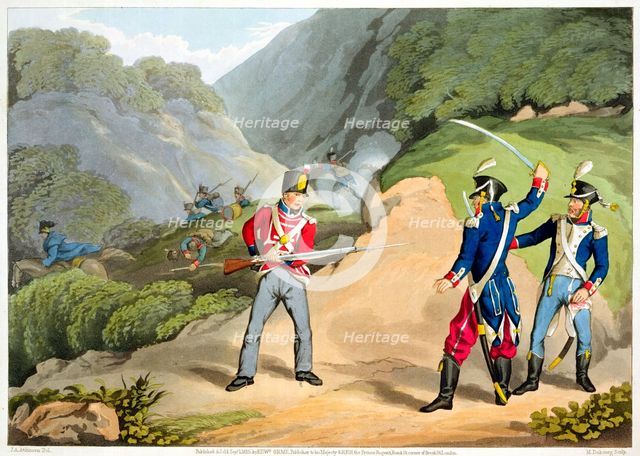 'A British soldier Taking Two French Officers at the Battle of the Pyrenees', 1813 (1816). Creator: Matthew Dubourg.
