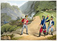 A British soldier Taking Two French Officers at the Battle of the Pyrenees 1813 (1816). Artist: Matthew Dubourg