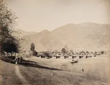 A bridge over the river Jehlum with a town, Baramula, Kashmir, India, c1860s. Creator: Samuel Bourne
