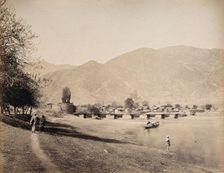 A bridge over the river Jehlum with a town, Baramula, Kashmir, India, c1860s. Creator: Samuel Bourne