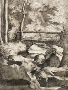 A Bridge over a Forest Stream, 1840s. Creator: Heinrich Dreber