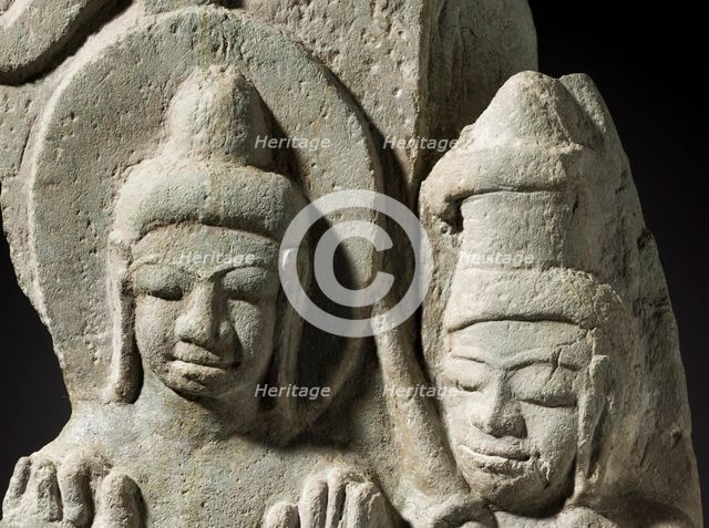 A Buddha Flanked by Figures Standing on a Mythical Creature (image 6 of 6), 8th-9th century. Creator: Unknown.