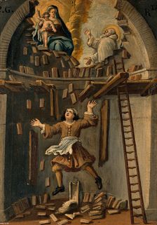 A builder falling from a platform in an apse, St Bruno (?) interceding with the... 18th/ 19th cent. Creator: Unknown