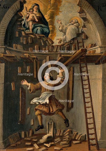 A builder falling from a platform in an apse, St Bruno (?) interceding with the... 18th/ 19th cent. Creator: Unknown.