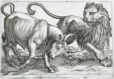 A Bull Attacking a Lion, 1610. Creator: Hendrick Hondius I