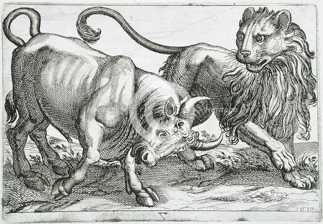 A Bull Attacking a Lion, 1610. Creator: Hendrick Hondius I.