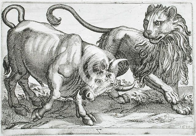A Bull Attacking a Lion, 1610. Creator: Hendrick Hondius I.