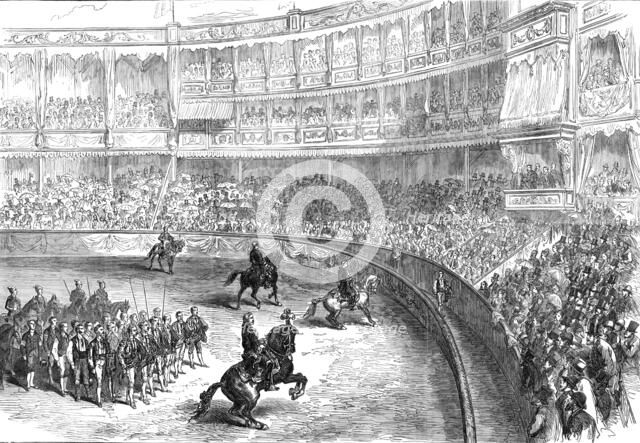 A bull-fight at Lisbon: the performers saluting the audience, 1874. Creator: Unknown.