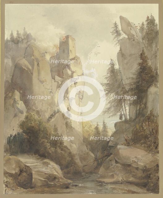 A burning castle on a rock, mid-late 19th century. Creator: Caspar Scheuren.