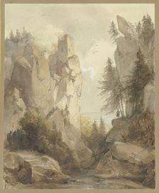 A burning castle on a rock, mid-late 19th century. Creator: Caspar Scheuren