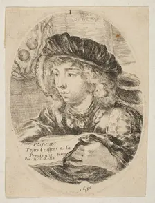 A bust of a young man wearing a cap with feathers, turned three-quarters to the left, the ..., 1650. Creator: Stefano della Bella