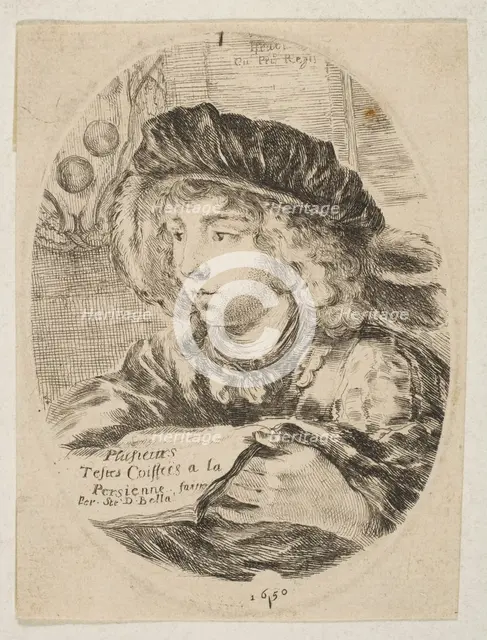 A bust of a young man wearing a cap with feathers, turned three-quarters to the left, the ..., 1650. Creator: Stefano della Bella.