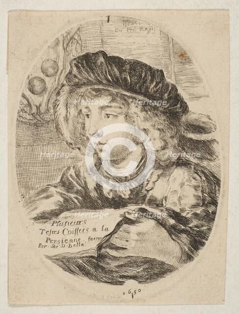 A bust of a young man wearing a cap with feathers, turned three-quarters to the left, the ..., 1650. Creator: Stefano della Bella.