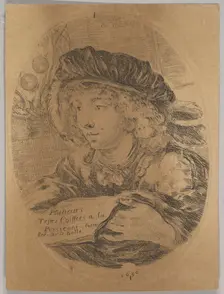 A bust of a young man wearing a cap with feathers, turned three-quarters to the left, the ..., 1650. Creator: Stefano della Bella