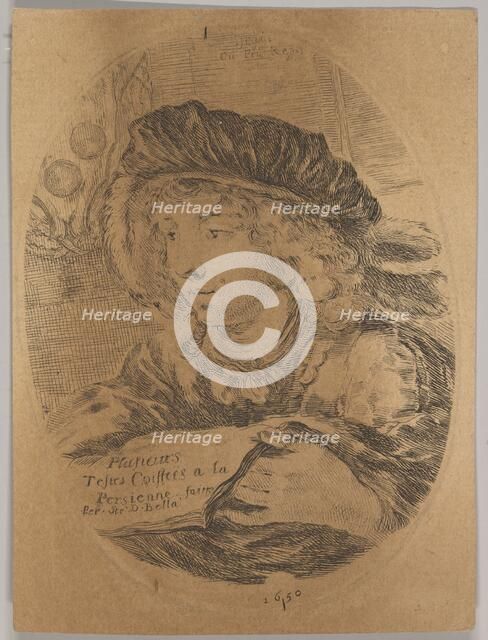 A bust of a young man wearing a cap with feathers, turned three-quarters to the left, the ..., 1650. Creator: Stefano della Bella.