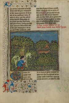 A Camouflaged Horseman and an Archer Approaching a Deer; Livre de la Chasse, about 1430-1440. Creator: Unknown