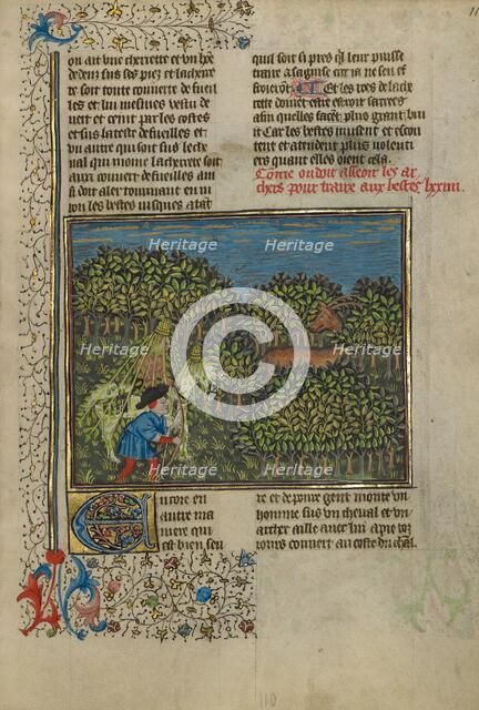 A Camouflaged Horseman and an Archer Approaching a Deer; Livre de la Chasse, about 1430-1440. Creator: Unknown.