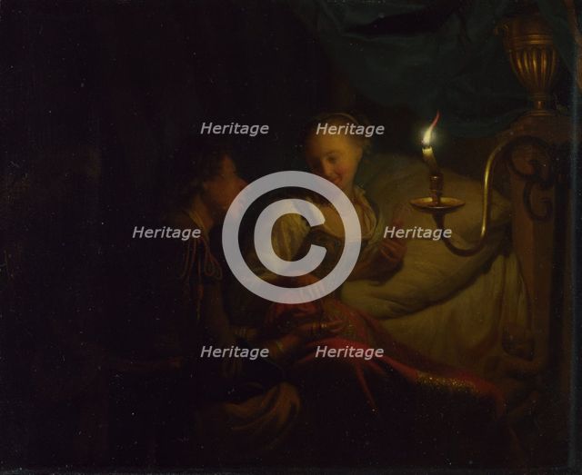 A Candlelight Scene. A Man offering a Gold Chain and Coins to a Girl seated on a Bed, ca. 1665-1667. Artist: Schalcken, Godfried Cornelisz (1643-1706)