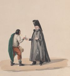 A canon handing a crucifix to a man, from a group of drawings depicting Peruvian costume, 1848. Creator: Attributed to Francisco (Pancho) Fierro