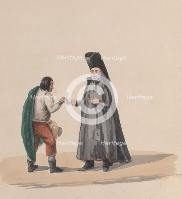 A canon handing a crucifix to a man, from a group of drawings depicting Peruvian costume, 1848. Creator: Attributed to Francisco (Pancho) Fierro.