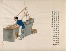 A cake seller preparing cakes to cook in a wood fired oven, 1890. Creator: Pei Qun Zhou