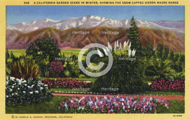 'A California Garden Scene in Winter Showing the Snow-capped Sierra Madre Range', 1931. Artist: Unknown