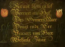 A Calligraphic Maxim, Flanked by Tulips, 1667. Creator: Isaac Hondius