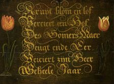 A Calligraphic Maxim, Flanked by Tulips, 1667. Creator: Isaac Hondius