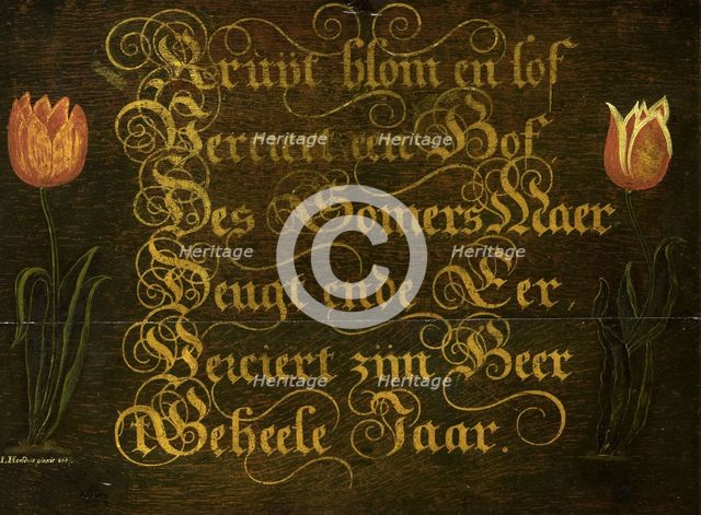 A Calligraphic Maxim, Flanked by Tulips, 1667. Creator: Isaac Hondius.