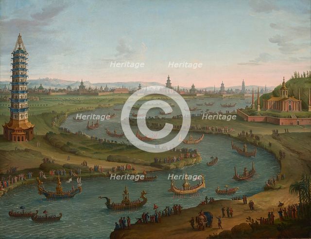 A capriccio with the French Ambassador approaching the King of Siam's Palace in a state barge... Creator: Joli, Antonio (1700-1777).