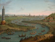 A capriccio with the French Ambassador approaching the King of Siam's Palace in a state barge... Creator: Joli, Antonio (1700-1777)