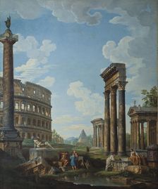 A capriccio with figures among Roman ruins including the Arch of Constantine and the Pantheon. Artist: Panini, Giovanni Paolo (1691-1765)