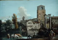 A Capriccio with Horses Watering in a River Outside a Walled Town, c.1720. Creator: Marco Ricci