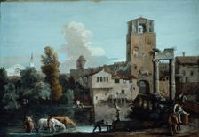 A Capriccio with Horses Watering in a River Outside a Walled Town, c.1720. Creator: Marco Ricci
