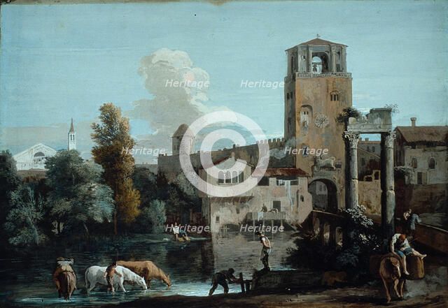 A Capriccio with Horses Watering in a River Outside a Walled Town, c.1720. Creator: Marco Ricci.