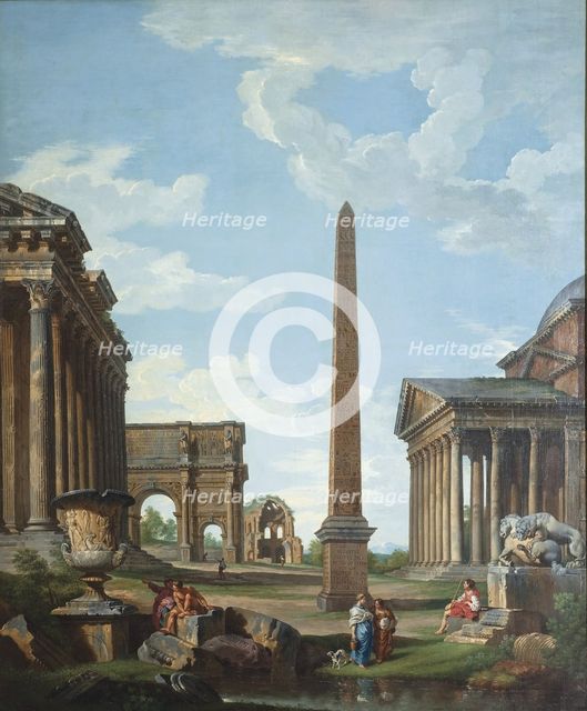 A capriccio with Roman ruins and a scene from the Life of Belisarius. Artist: Panini, Giovanni Paolo (1691-1765)