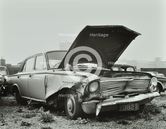 A car which has been 'dumped' and abandoned by its owner, 1970. Creator: Unknown.