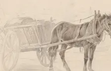 A Cart Drawn by a Brown Horse Near a Lamp Pole; Verso: A Group of Mounted Officers, ca. 1815. Creator: Johann Adam Klein