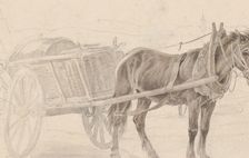 A Cart Drawn by a Brown Horse Near a Lamp Pole; Verso: A Group of Mounted Officers, ca. 1815. Creator: Johann Adam Klein