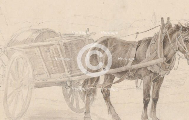 A Cart Drawn by a Brown Horse Near a Lamp Pole; Verso: A Group of Mounted Officers, ca. 1815. Creator: Johann Adam Klein.